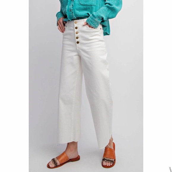 NWT Easel Wide Leg Twill High Rise Raw Hem Button Fly Stretch Pants White Medium - Picture 7 of 12